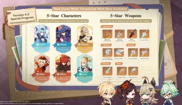 Chronicled Wish Banner characters and weapons as revealed in the 4.5 livestream for Genshin Impact.
