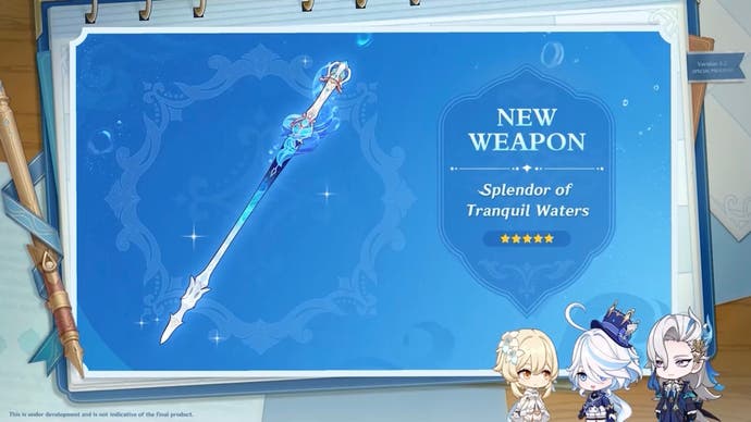 Nuevo arma de espada 'esplendor de las aguas tranquilas' sobre un fondo azul y la versión chibi de la viajera, Furina y Neuvillette en la parte inferior derecha