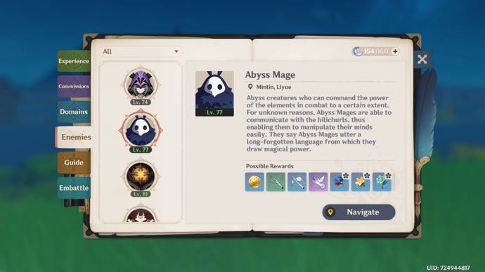 avdenture handbook menu view of the abyss mage enemy details and what materials it drops