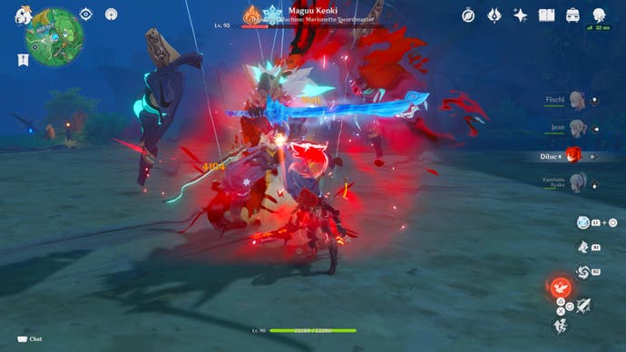 Genshin Impact - chaotic combat with lots of colourful red effects