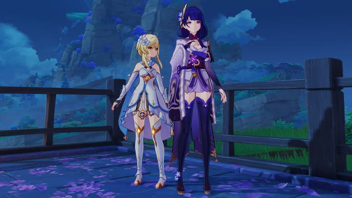 Genshin Impact - two female characters stand next to each other in front of dramatic scenery at night