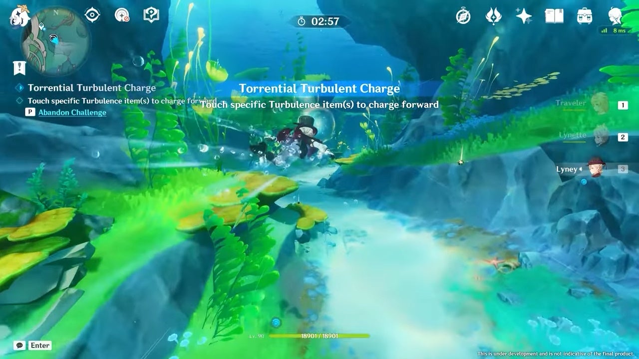 Captura de pantalla del juego de lyney nadando bajo el agua como parte de un desafío.