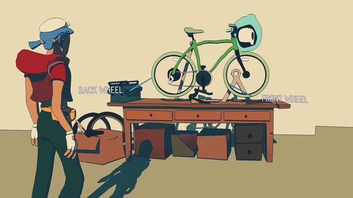 A cyclist looks at their bike on a table in Ghost Bike