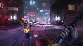 Screenshot from Ghostrunner 2, showing a cyborg enemy charging at the screen in a neon city.