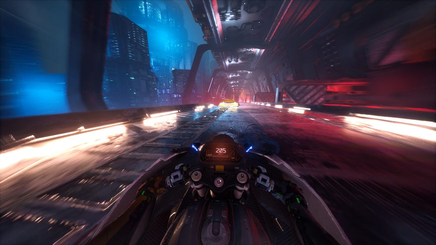 First-person view of a motorbike in motion with blurry neon lights passing by in Ghostrunner 2