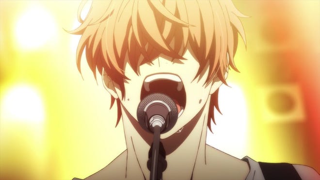 Still animated image of a character singing into a microphone