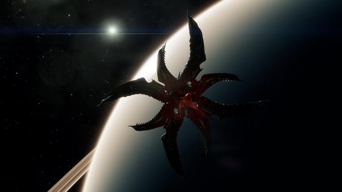 A Thargoid Glaive hunter class ship twists its tentacles in space in Elite Dangerous