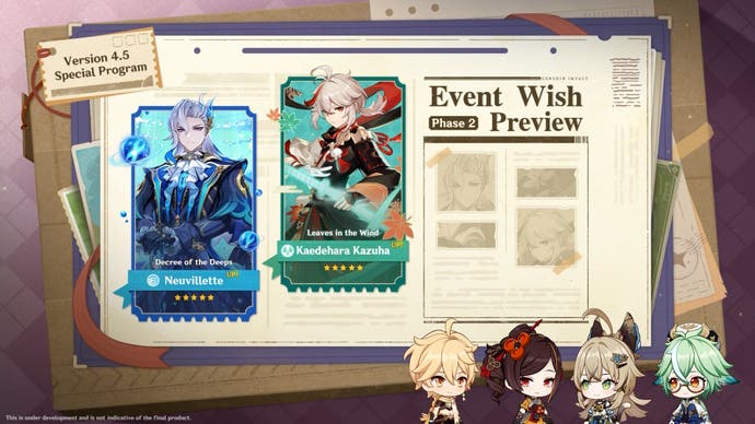 Genshin Impact 4.5 Phase 1 banners in the livestream showing Neuvillette and Kazuha.