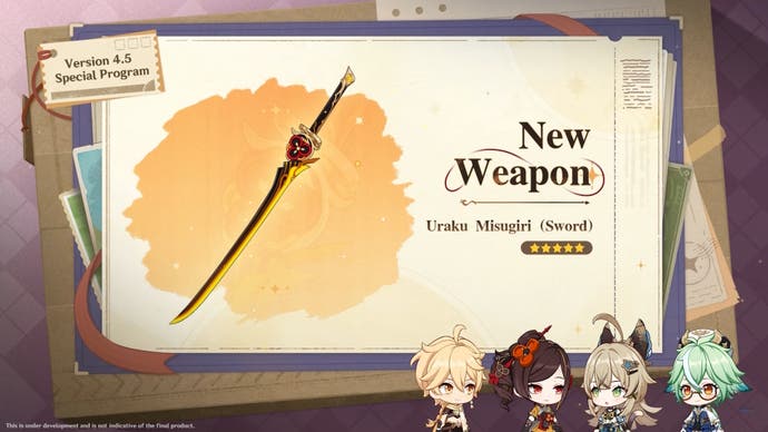 Chiori's signature sword weapon shown in the 4.5 livestream for Genshin Impact.