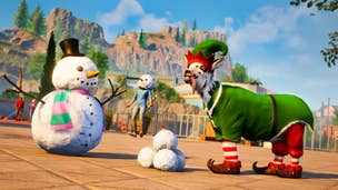 A goat wears an elf costume while standing beside a snowman and some snowballs in Goat Simulator 3
