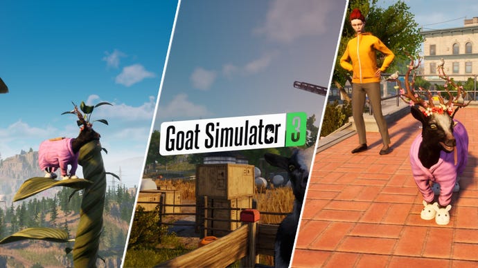 Pilgor is shown atop a beanstalk, being stared down by an NPC, and beside the title card in Goat Simulator 3