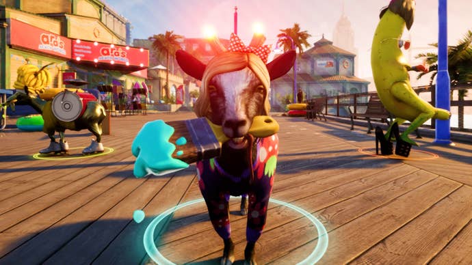 A goat in a wig and shirt holds a paintbrush in San Angora of Goat Simulator 3