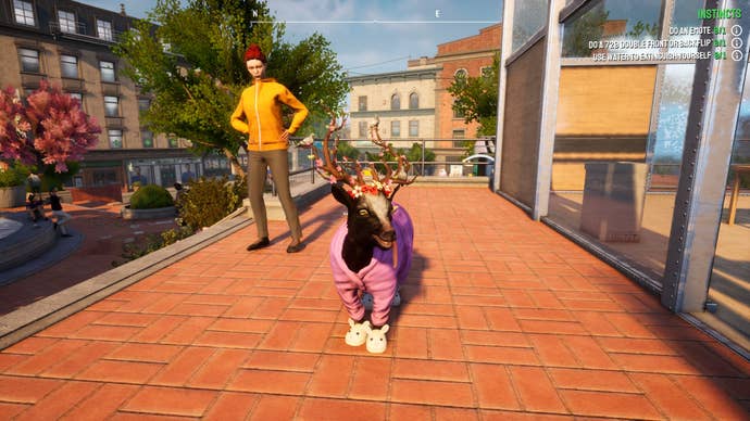 Pilgor is decked out in cosmetics while being stared down by a jealous NPC in Goat Simulator 3