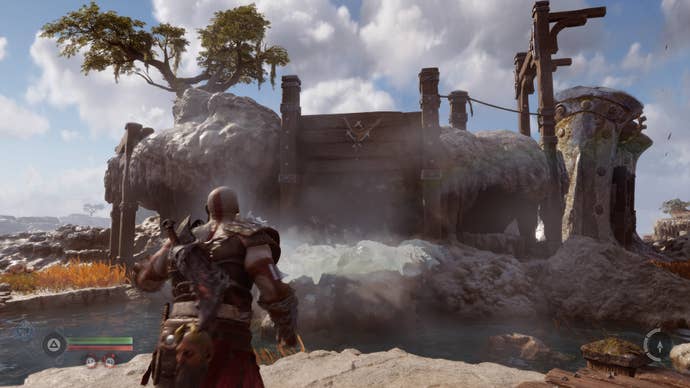 Kratos freezing a geyser to reach higher ground in God of War Ragnarok