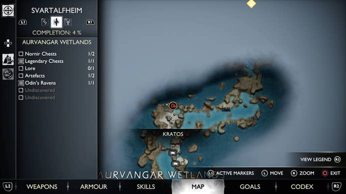 The map location of the second Aurvangar Wetlands Nornir Chest in God of War Ragnarok