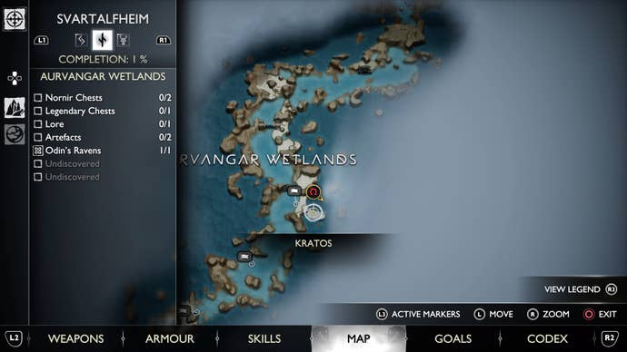 The map location of the first Aurvangar Wetlands Nornir Chest in God of War Ragnarok