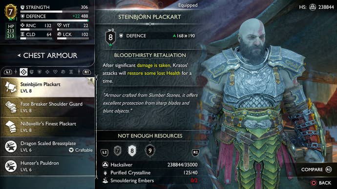 Kratos wearing the Steinbjorn set, the best armor in God of War Ragnarok