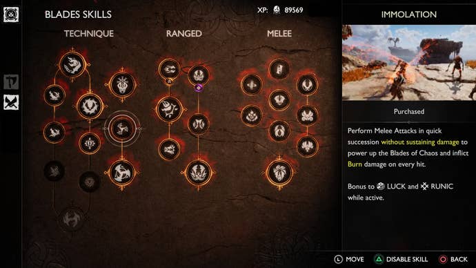 The Immolation Skill in God of War Ragnarok which imbues the Blades of Chaos with burning damage
