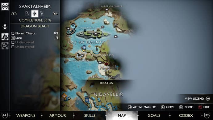 The map location of the Dragon Beach Nornir Chest in God of War Ragnarok