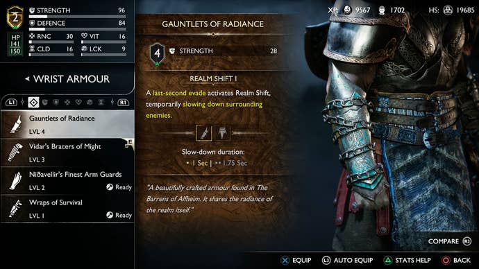 The equipment screen in God of War Ragnarok showing the time-bending abilities of the Gauntlets of Radiance