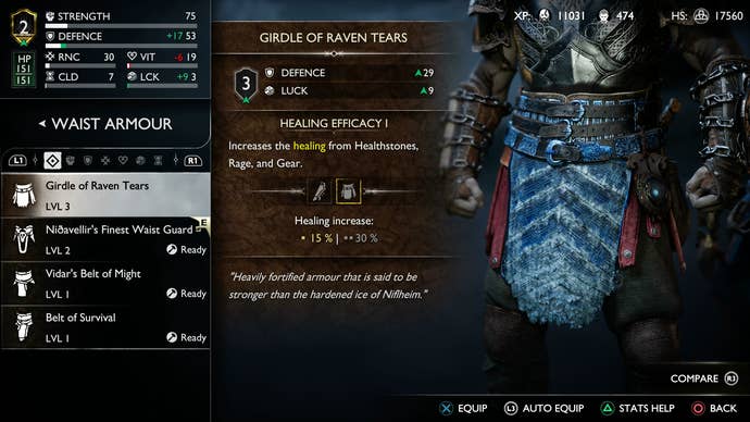 The equipment screen showing the healing benefits of the Girdle of Raven Tears in God of War Ragnarok