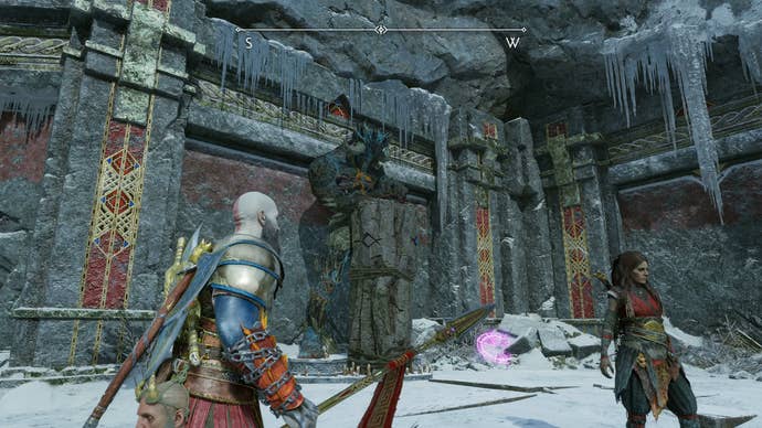 Kratos standing in front of Blodgur Steinn, who drops Slumber Stones in God of War Ragnarok