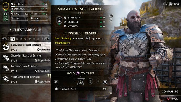 Kratos trying on Nidavellir's Finest Plackart, one of the best armor pieces in God of War Ragnarok
