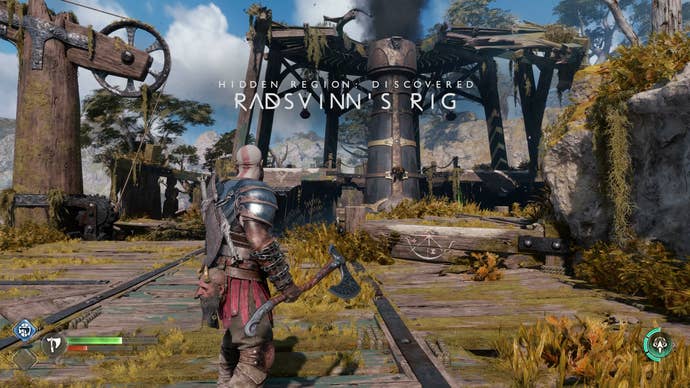 Kratos squares up to a pack of Grim and Wretches on Radsvinn's Rig in God of War Ragnarok