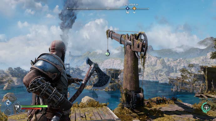 Kratos lines up a shot against one of Odin's spies in God of War Ragnarok