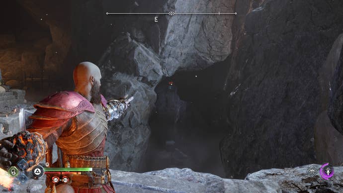 Kratos throwing a firebomb into a cave in the Raider Hideout in God of War Ragnarok