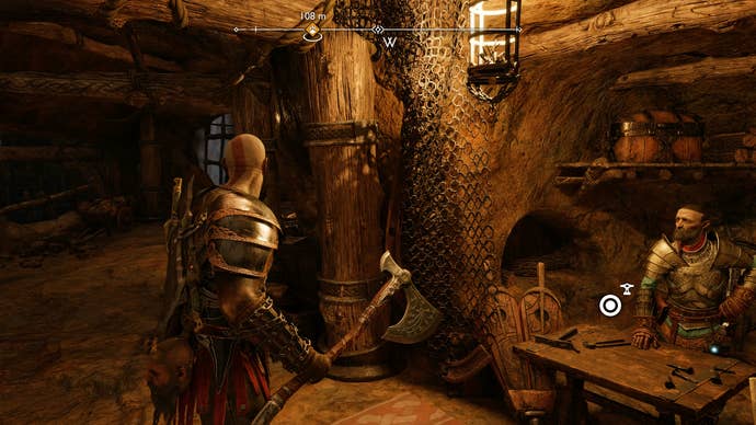 Kratos visiting Sindri's Shop in The Applecore in God of War Ragnarok