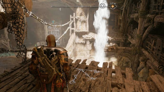 Kratos swinging underneath a waterfall in The Applecore in God of War Ragnarok