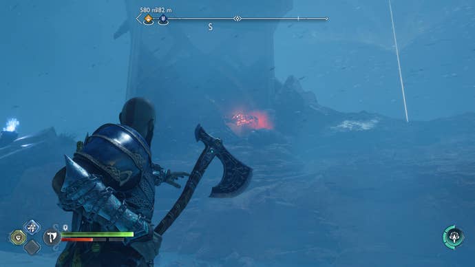 Kratos readying an axe throw to destroy some dark elf hive material