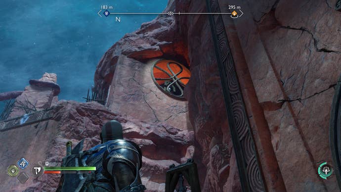 Kratos looking up into a window where he can see the third Nornir Bell in The Below in God of War Ragnarok
