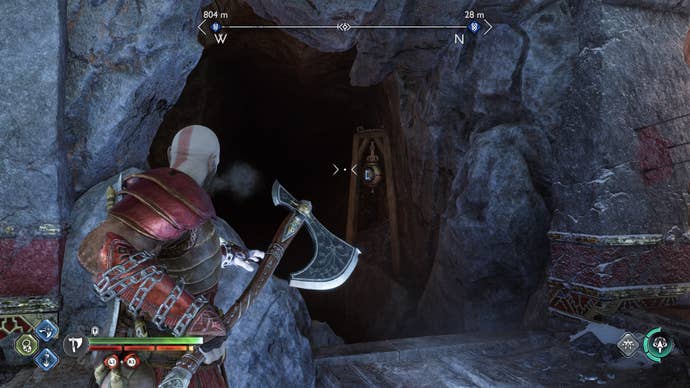 Kratos hitting the first Nornir Bell in The Oarsmen in God of War Ragnarok