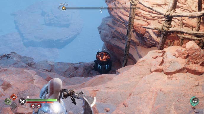 The second brazier, off the edge of a cliff, in The Strond in God of War Ragnarok