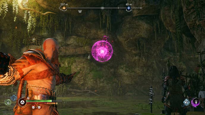 Kratos using a sigil arrow and firebomb to burn away vines in God of War Ragnarok