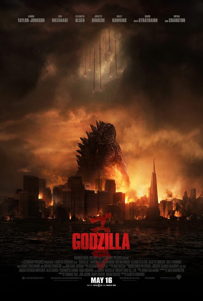 The poster for Godzilla (2014) featuring Godzilla against a burning skyline.