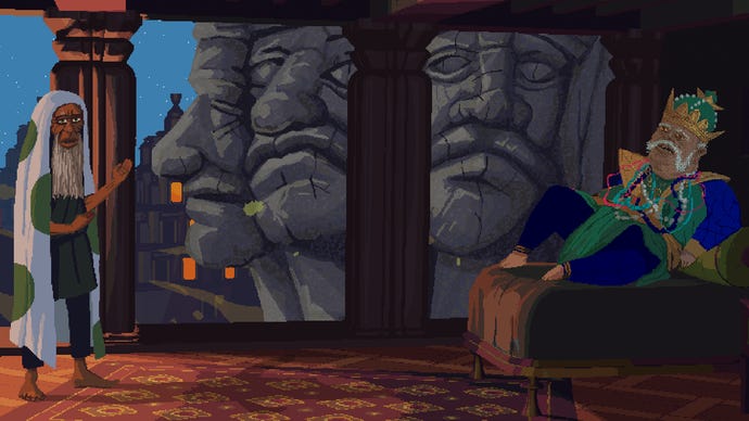 A bearded man with a spotted towel over their head approaches a fat king in The Spider Of Lanka DLC for The Case Of The Golden Idol.