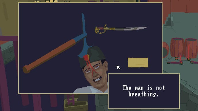 An unfortunate man, who is not breathing, lies with an axe through his skull in The Spider Of Lanka DLC for The Case Of The Golden Idol.