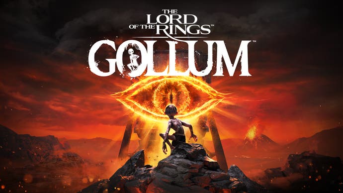 The Lord of the Rings: Gollum key art with the game's title in white. The Eye of Sauron is emblazoned in the sky as Gollum looks towards it, stood on some rocks