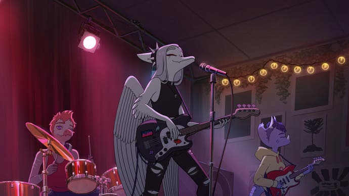 Three pastel-coloured dinosaur emos play on stage in a high school band in Goodbye Volcano High