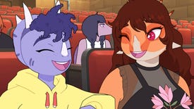 Two dinosaurs laugh in a school auditorium in Goodbye Volcano High