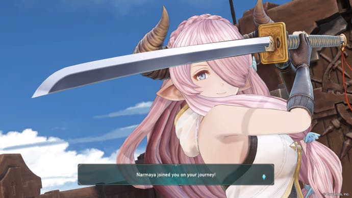 Captura de pantalla de Granblue Fantasy Relink que muestra un personaje invitado.