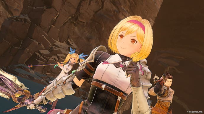 A screenshot from Granblue Fantasy Relink shows the protagonist and Io.