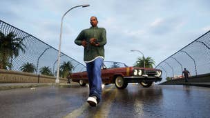 CJ walks away from a car while armed in Grand Theft Auto San Andreas