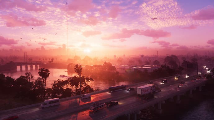 Rose w kolorze różowym niebo pojawia się ponad drapacze wieżowców Vice City na tym zrzucie ekranu GTA 6