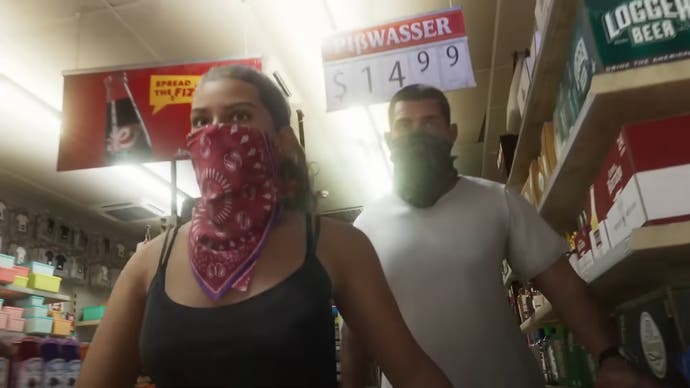GTA 6 trailer showing Julia and Jason marching through a convenience store with bandanas over their faces.