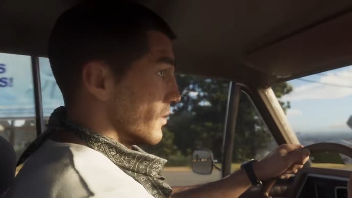 Captura de pantalla de GTA 6 que muestra a Jason luciendo ansioso mientras conduce.