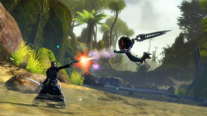 Two characters engage in combat in Guild Wars 2.